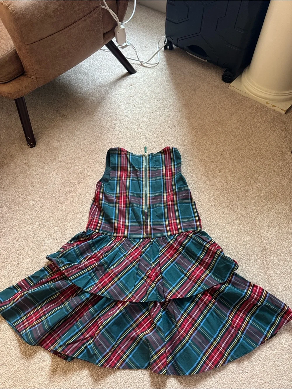 J. Crew Girls Green Plaid Tiered Dress with Red Trim